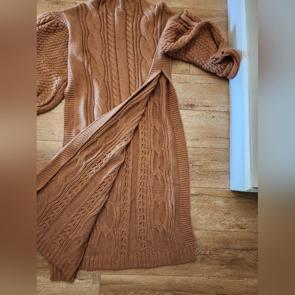 $150 Kelly Obi Chunky Cable Knit Sweater Dress Sz L High Slits Balloon Sleeves - Picture 7 of 9